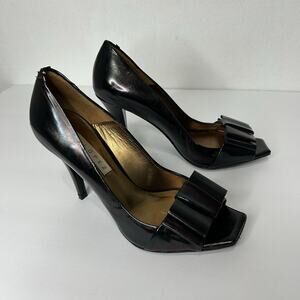 Pura Lopez Black Iridescent Patent Leather Peep Toe Pumps Heels Size 37.5